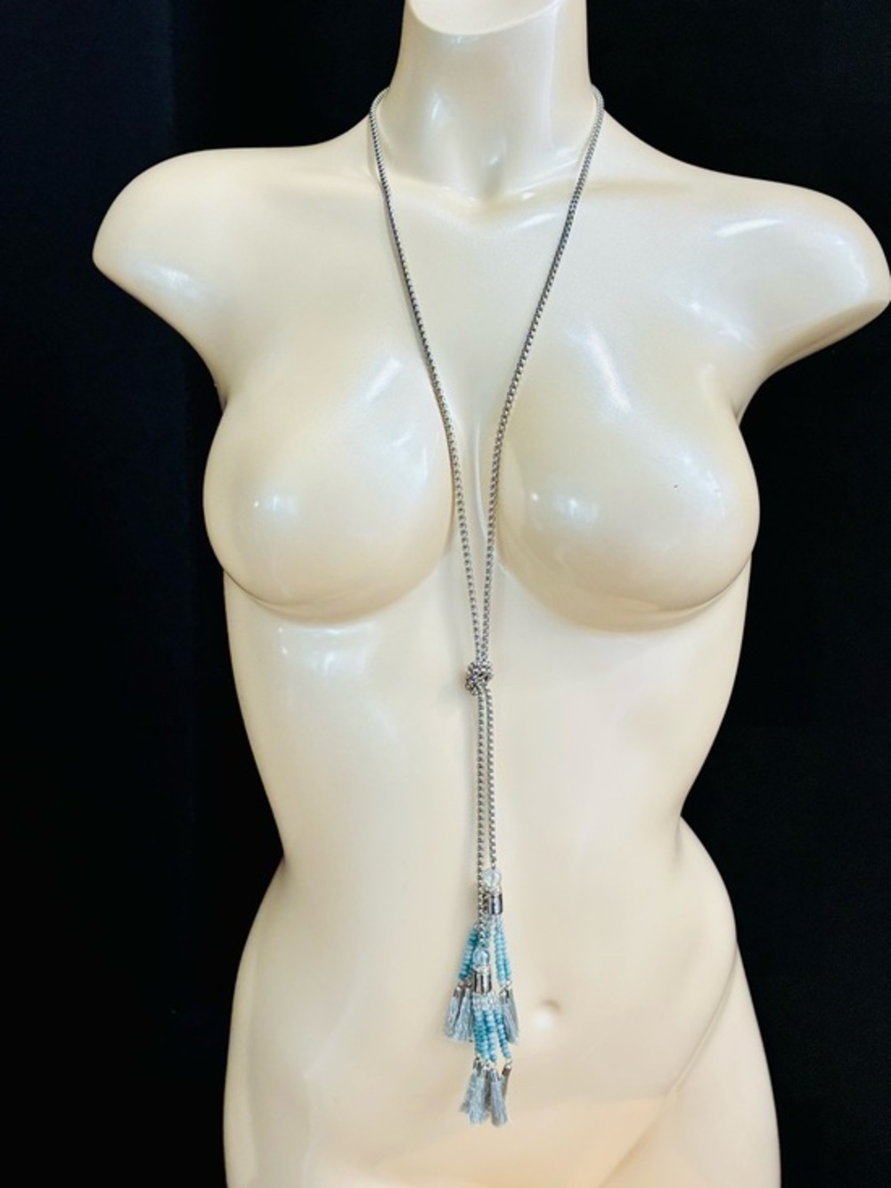 White House Black Market Silver-Tone Lariat with Aqua Beaded Tassel